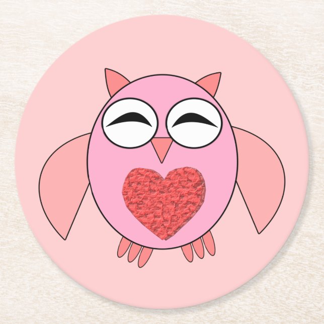 Pink Love Heart Owl Paper Coasters (Front)