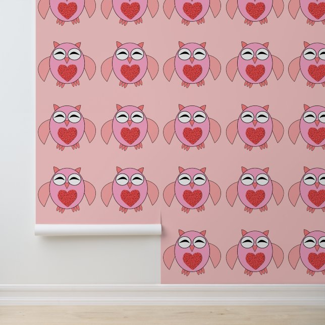 Pink Love Heart Owl Patterned Wallpaper (Application)