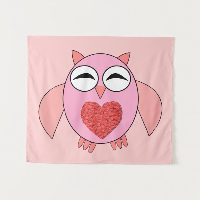 Pink Love Heart Owl Tapestry (Front (Horizontal))
