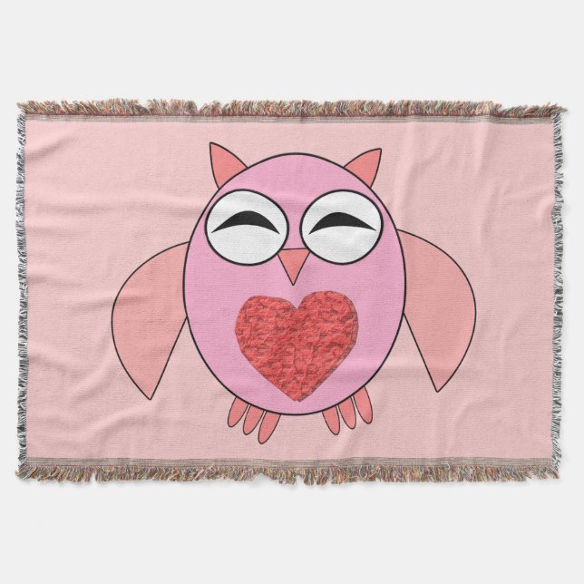 Pink Love Heart Owl Throw Blanket (Front)