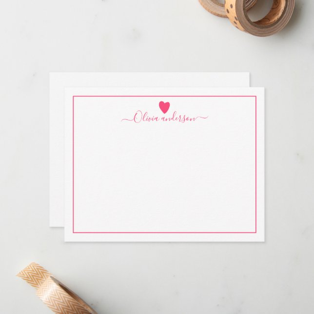 Pink Love Heart Personalised Note Card (Front/Back In Situ)