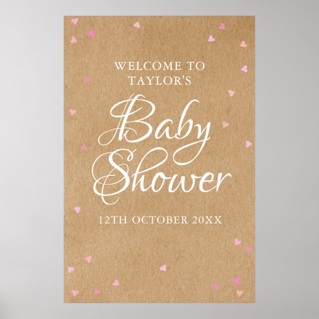 Pink Love Hearts Baby Girl Shower Welcome Sign (Front)