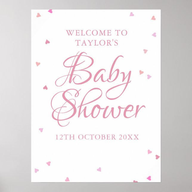 Pink Love Hearts Baby Girl Shower Welcome Sign (Front)