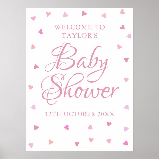 Pink Love Hearts Baby Girl Shower Welcome Sign (Front)