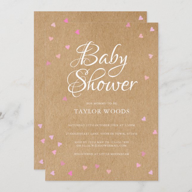 Pink Love Hearts Baby Shower / Sprinkle Rustic Invitation (Front/Back)