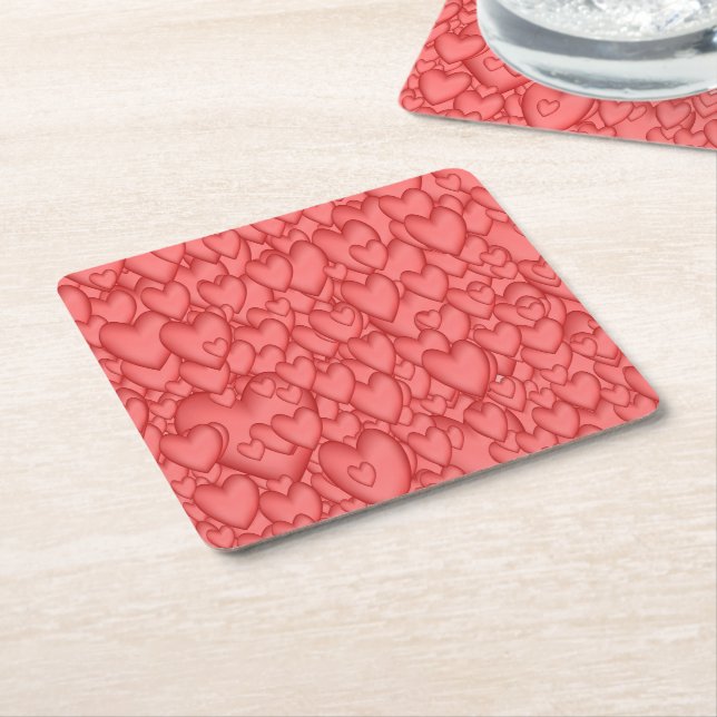 Pink Love Hearts Decorative Square Paper Coaster (Angled)