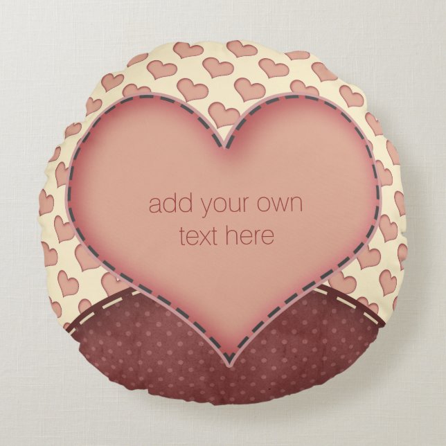 Pink Love Hearts Folk Art Personalised Round Cushion (Front)