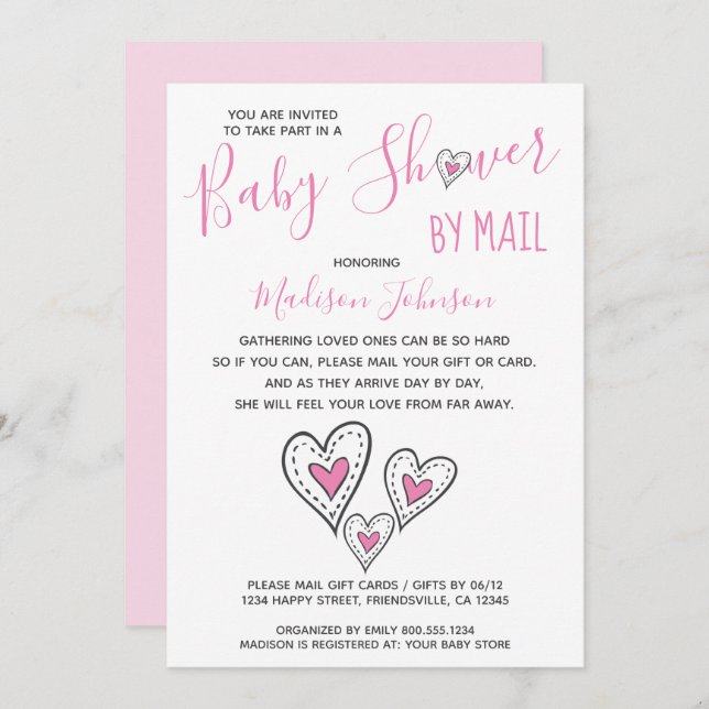 Pink Love Hearts Girl Baby Shower By Mail Invitation (Front/Back)