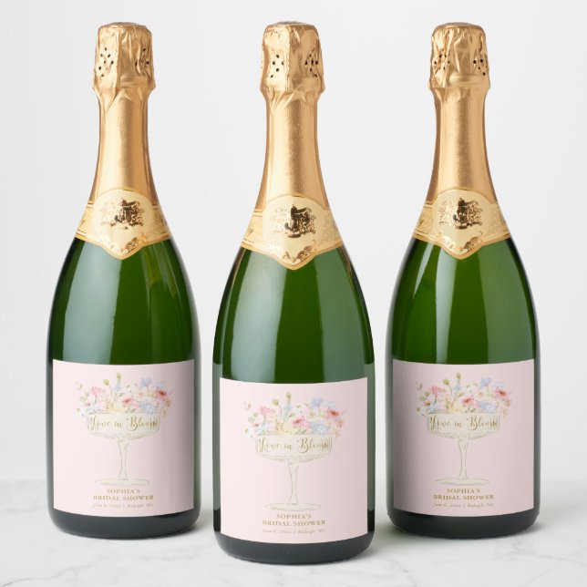 Pink Love in Bloom Bridal Shower Personalised Sparkling Wine Label (Bottles)