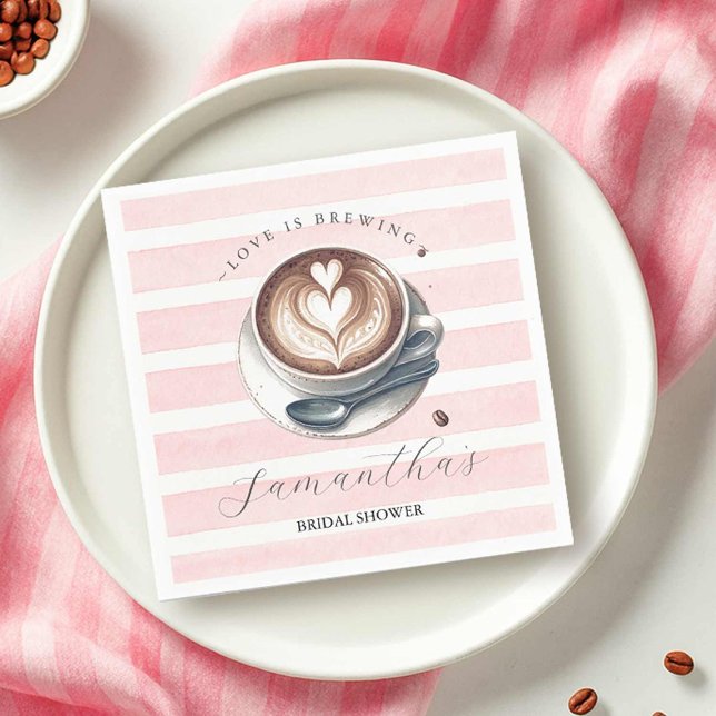 Pink Love is Brewing Bridal Shower Napkin (pink coffee bridal shower theme cocktail napkins part of our party decoration kits.)
