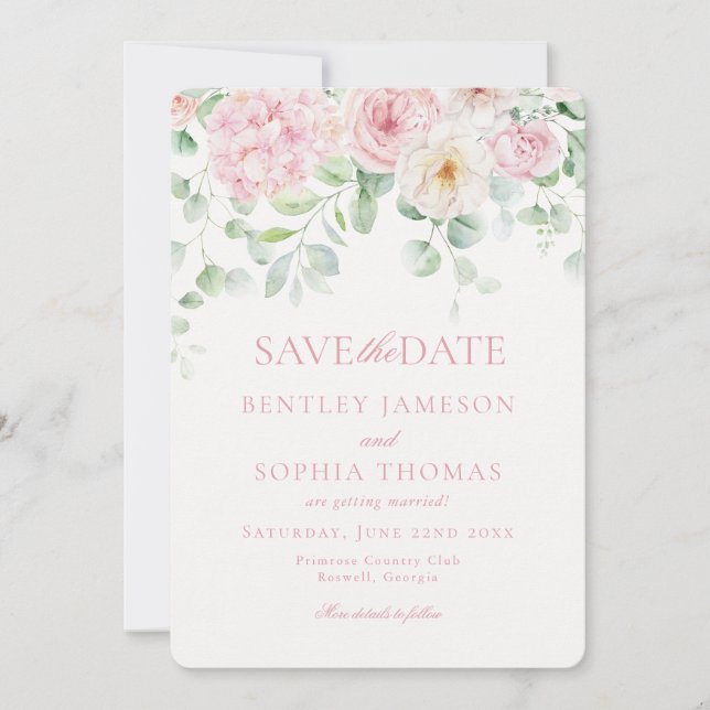 Pink Love is in Bloom Floral Save the Date Card (Front)