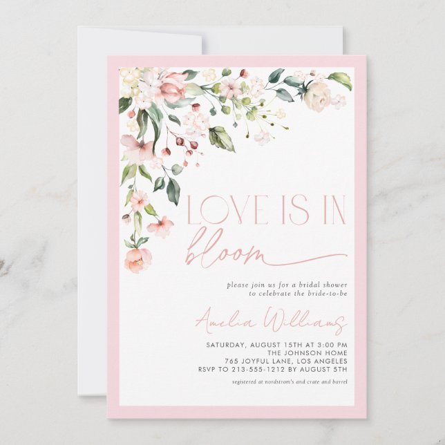 Pink Love is in Bloom Watercolor Floral Invitation (Front)