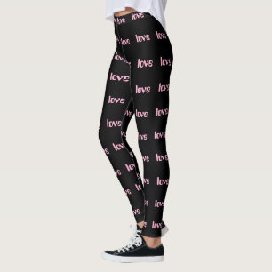 Pink Love Letter Print, Women's Casual High Waist Leggings