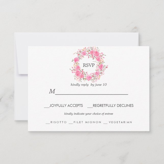 Pink Love | Roses Wedding RSVP meal choice Card (Front)