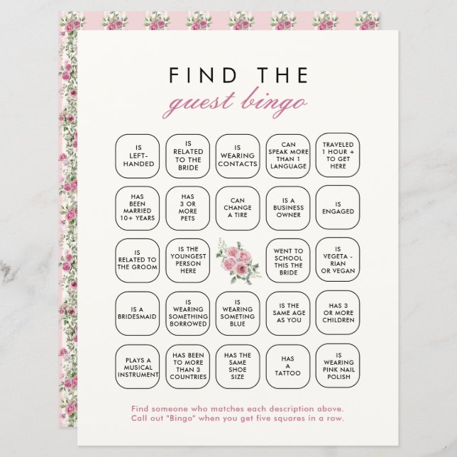 Pink Love Shack Fiance Find The Guest Bingo Game (Front/Back)