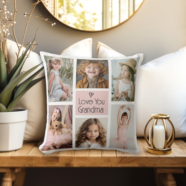 Pink Love You Grandma Photo Collage Keepsake Cushion (A cute photo gift for Grandma.)