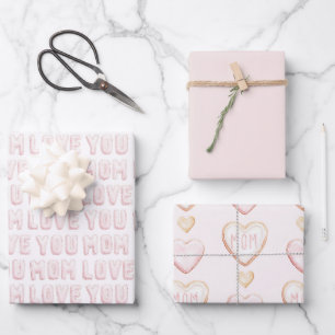 Pink Love You Mum Hearts Mother's Day Wrapping Paper Sheet