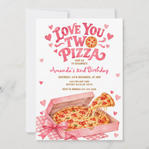 Pink Love You Two Pizza Pink 2nd Birthday Party Invitation