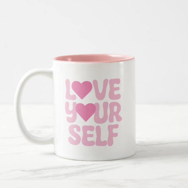 Pink Love Yourself Quotes Two-Tone Coffee Mug (Left)