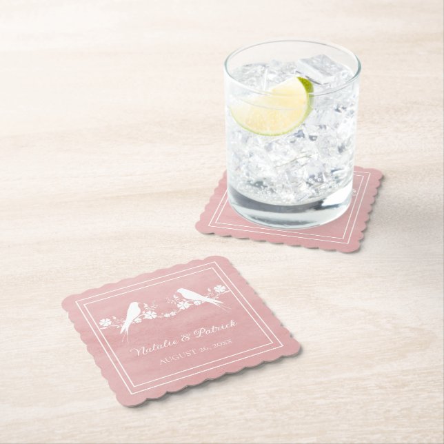 Pink Lovebird Floral Wedding Paper Coasters (Insitu)