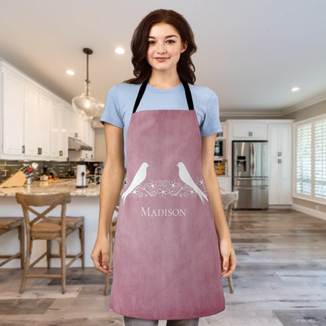 Pink Lovebirds Floral Vine Apron (Pink Lovebirds Floral Vine Personalized Apron)
