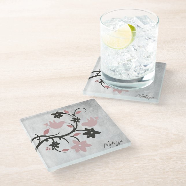 Pink Lovebirds Personalised Glass Coaster (Angled)