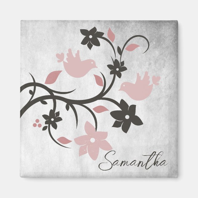 Pink Lovebirds Personalised Magnet (Front)