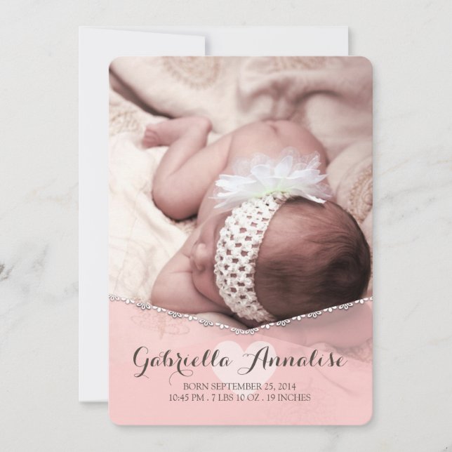 Pink Lullaby Baby Girl Photo Birth Announcement (Front)