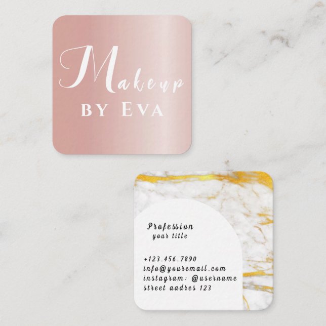 Pink Luxury Glitter Marble Makeup Square Business Card (Front/Back)