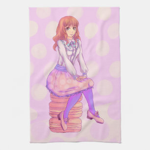 Pink Macaron Girl Tea Towel