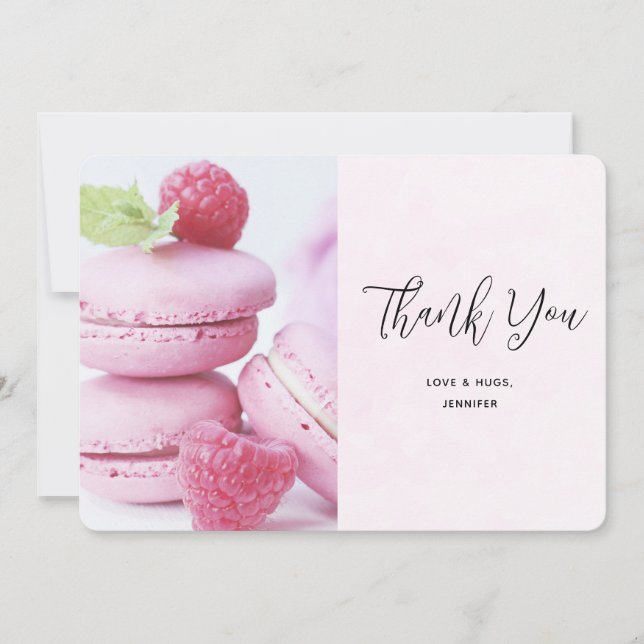 Pink Macarons & Red Raspberries Thank You Card (Front)
