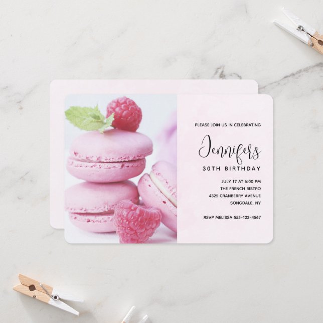 Pink Macarons with Red Raspberries Birthday Invitation (Front/Back In Situ)