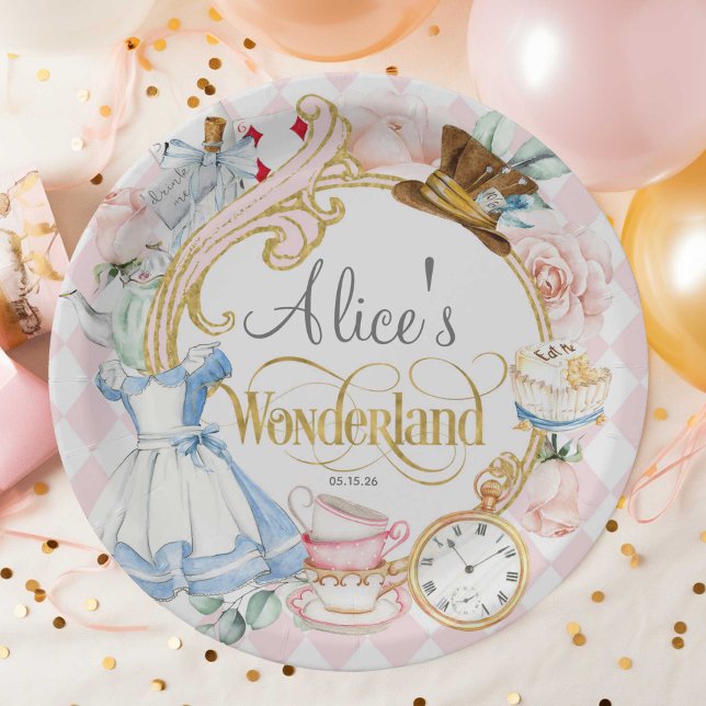 Pink, Mad Hatter, Tea Party, Girl Wonderland Paper Plate (Alice Wonderland, mad hatter, tea party, pink birthday paper plate.)