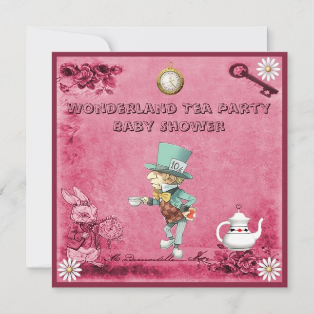 Pink Mad Hatter Wonderland Tea Party Baby Shower Invitation (Front)