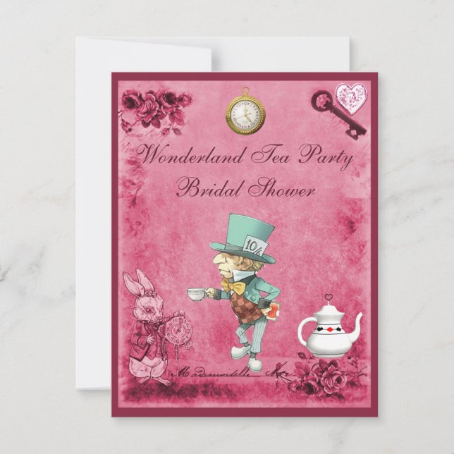 Pink Mad Hatter Wonderland Tea Party Bridal Shower Invitation (Front)