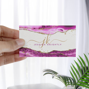 Pink Magenta Agate Gold Glitter Monogram Script Business Card