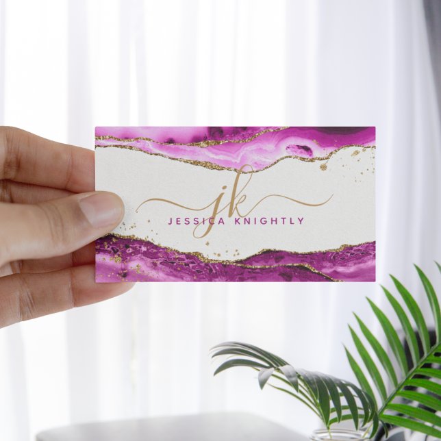 Pink Magenta Agate Gold Glitter Monogram Script Business Card (Creator Uploaded)