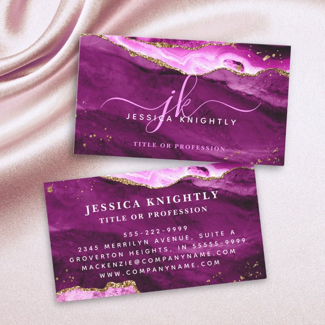 Pink Magenta Agate Gold Glitter Script Monogram Business Card (Creator Uploaded)