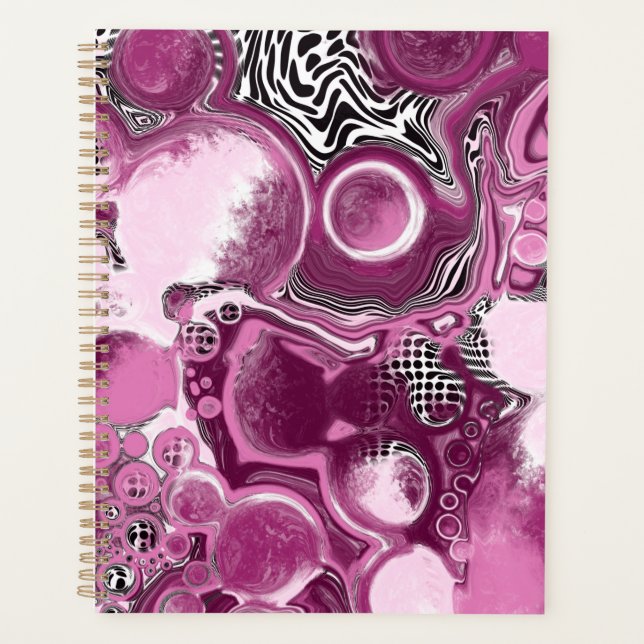 Pink, Magenta and Black Fluid Art Pour Painting  Planner (Front)