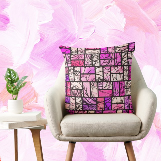 Pink Magenta Black Rose Stained Glass Look Cushion (Creator Uploaded)