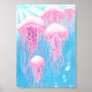Pink, Magenta, Blue, and Turquoise Jellyfish Poster
