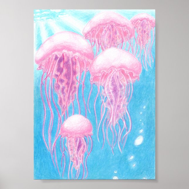 Pink, Magenta, Blue, and Turquoise Jellyfish Poster (Front)