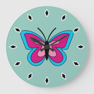 Pink Magenta Blue Butterfly Large Clock