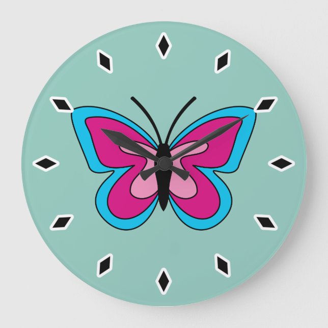 Pink Magenta Blue Butterfly Large Clock (Front)