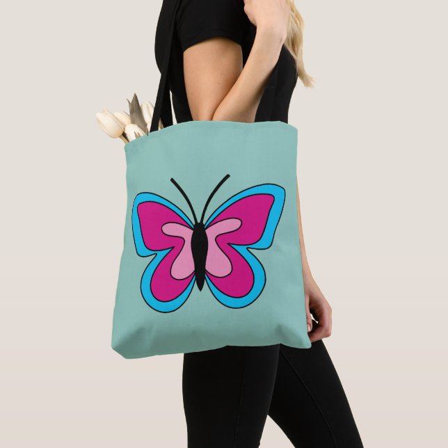 Pink Magenta Blue Butterfly Tote Bag (Close Up)