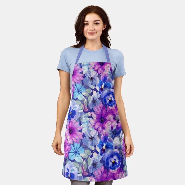 Pink Magenta Blue Floral Pattern Apron (Worn)