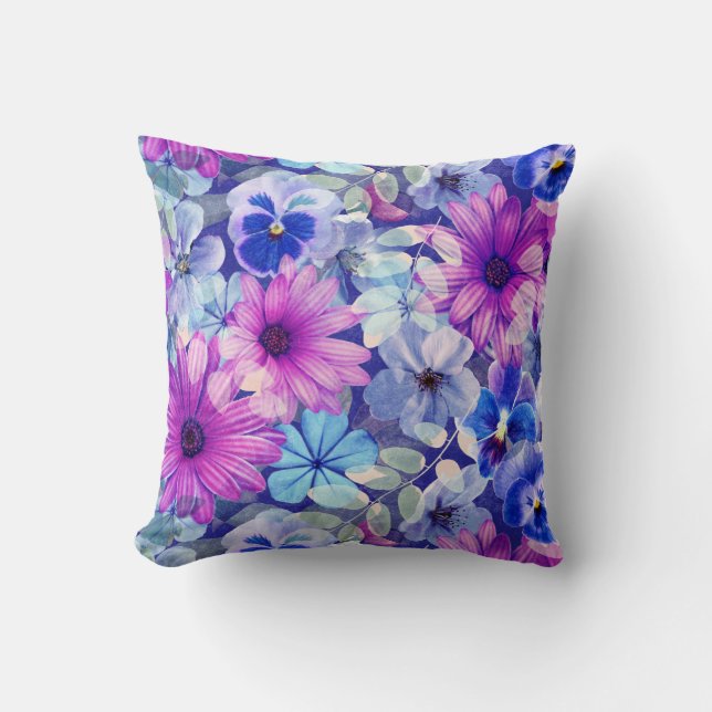 Pink Magenta Blue Floral Pattern Cushion (Front)