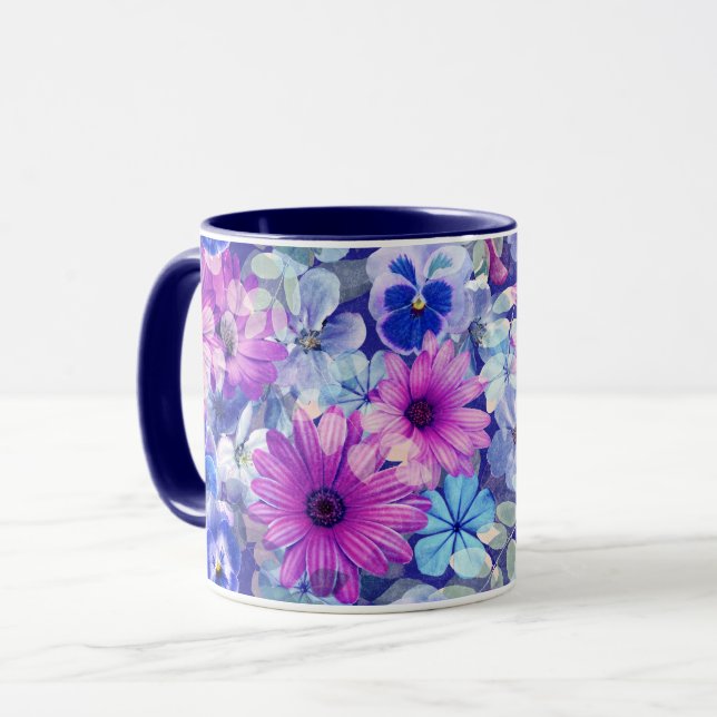 Pink Magenta Blue Floral Pattern  Mug (Front Left)