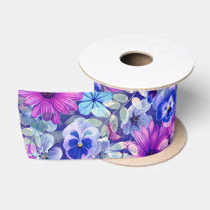 Pink Magenta Blue Floral Pattern Satin Ribbon