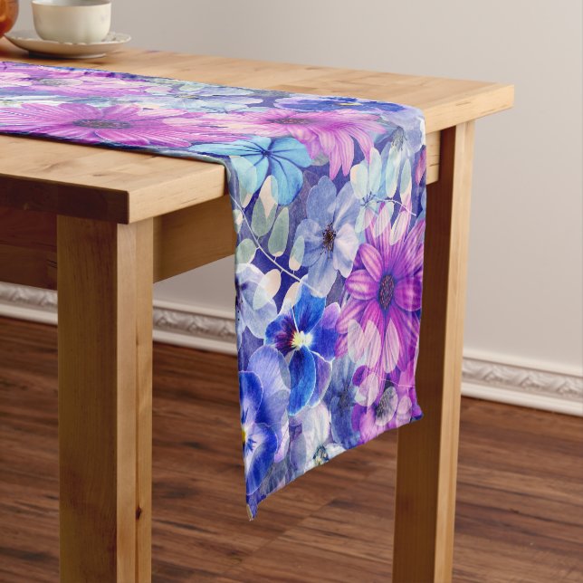 Pink Magenta Blue Floral Pattern Short Table Runner (In Situ)